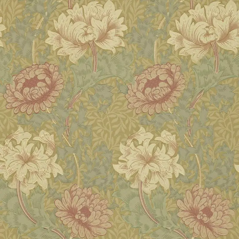 Morris & Co Chrysanthemum Wallpaper - Pink/Yellow/Green Sample 1