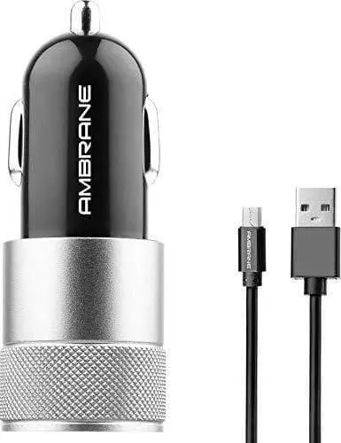 Ambrane Acc-74-M 2.4A Dual Port Car Charger For All Smartphones With Micro Usb Cable (Black And Silver) 1