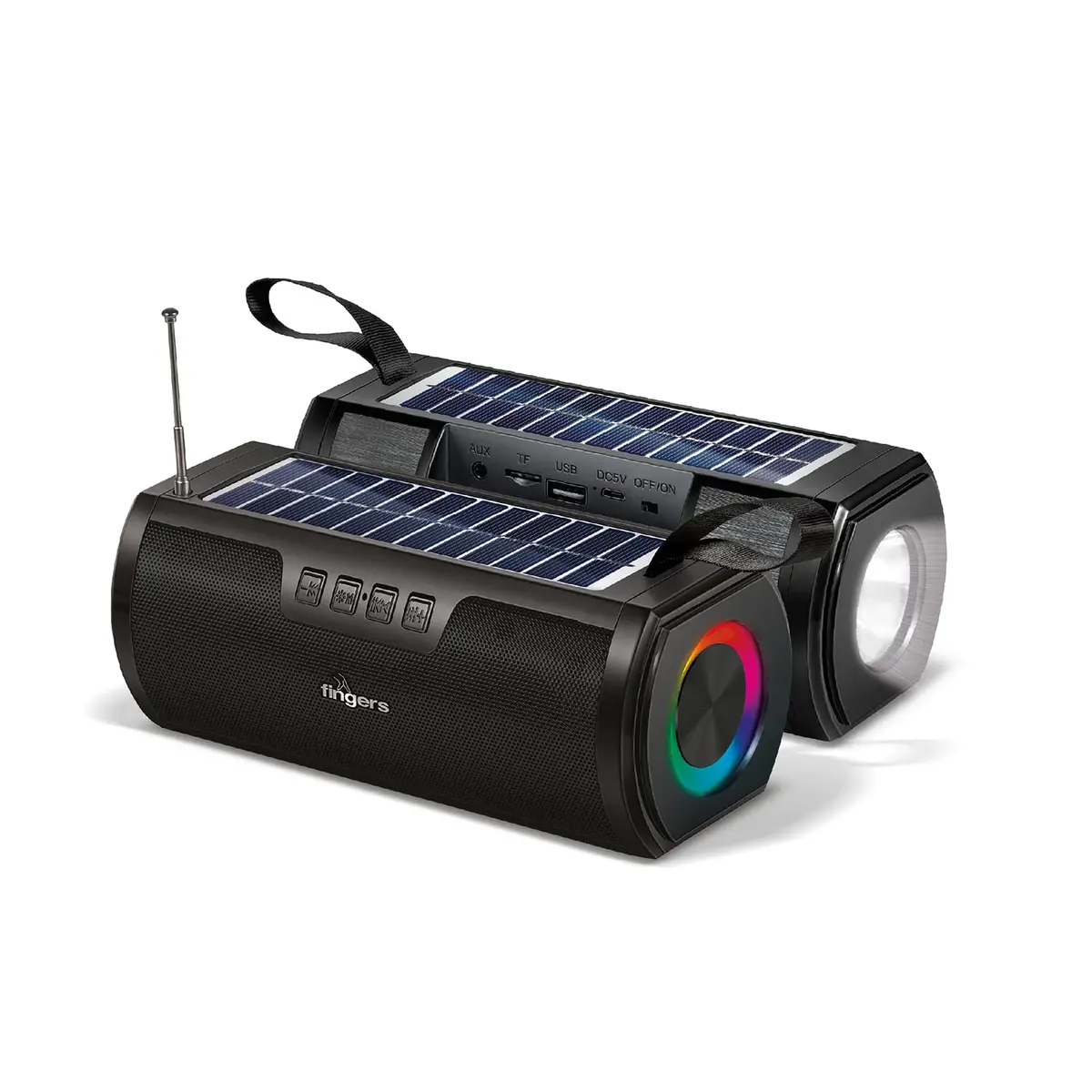 Fingers Solarhunk2 Portable Speaker With Built-In Solar Charging Panel (Rgb Lights | 14+ Hrs Playback | Duo Charge – Solar & Power Outlet | Bluetooth, Fm Radio, Microsd, Usb, Aux) 1