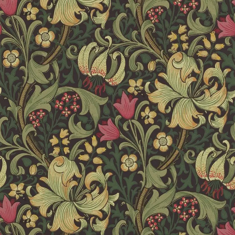 Morris & Co Golden Lily Wallpaper - Charcoal/Olive Sample 1