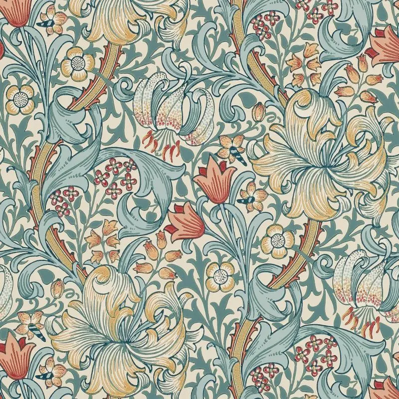 Morris & Co Golden Lily Wallpaper - Slate/Manilla Sample 1