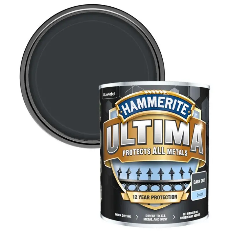 Hammerite Ultima Smooth Metal Paint - Dark Grey 750Ml 1