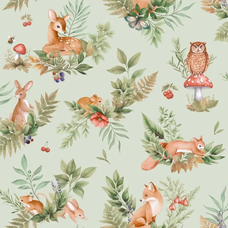 Forest Friends Woodland Wallpaper Sage Sample 1