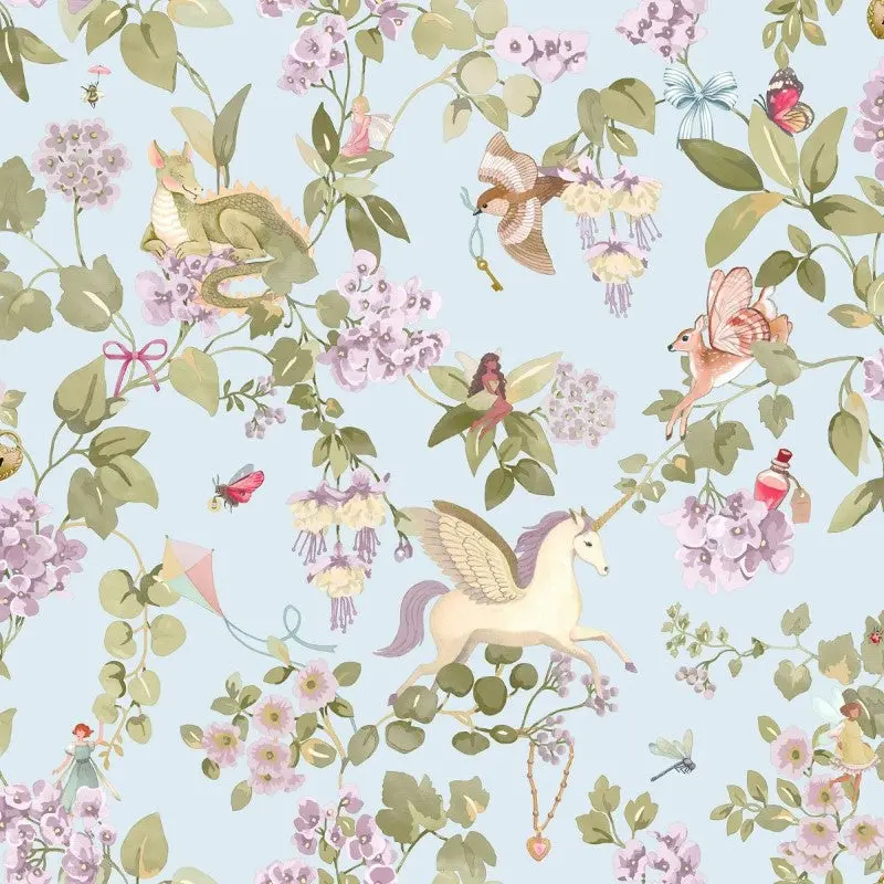 Away With The Fairies Floral Wallpaper - Sky Blue Sample 1