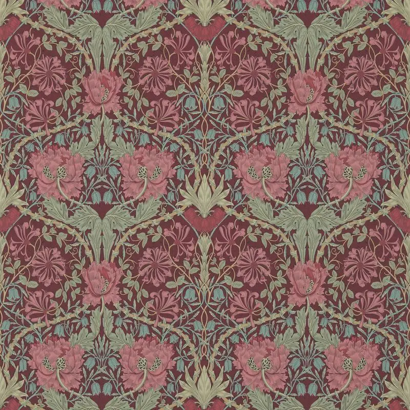Morris & Co Honeysuckle & Tulip Wallpaper - Burgundy/Sage Sample 1