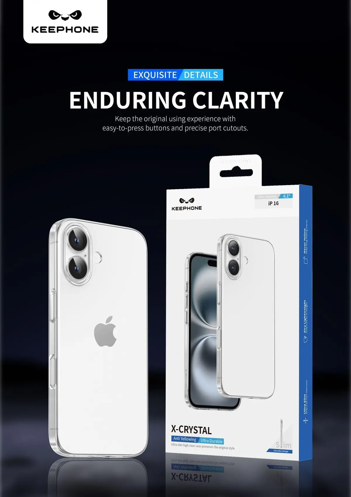 Keephone X Crystal Anti Yellowing Ultra Clear Thin Back Case Premium Quality For Iphone 16 Series 1