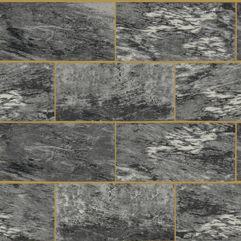 Marble Brick Tile Effect Wallpaper - Charcoal/Gold 1