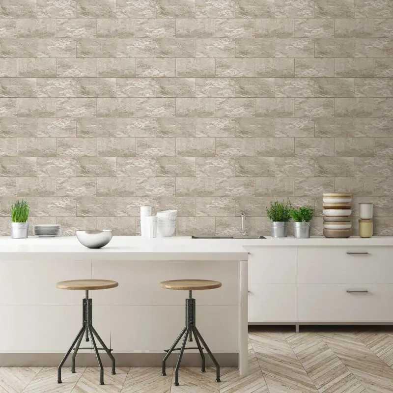 Marble Brick Tile Effect Wallpaper - Cream/Gold 1