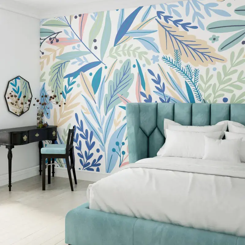 Origin Patterned Leaves Wall Mural Washed Denim 1