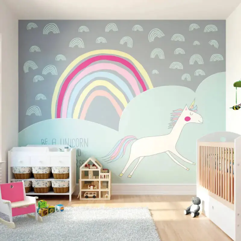 Origin Rainbow Unicorn Wall Mural Mint/Grey 1