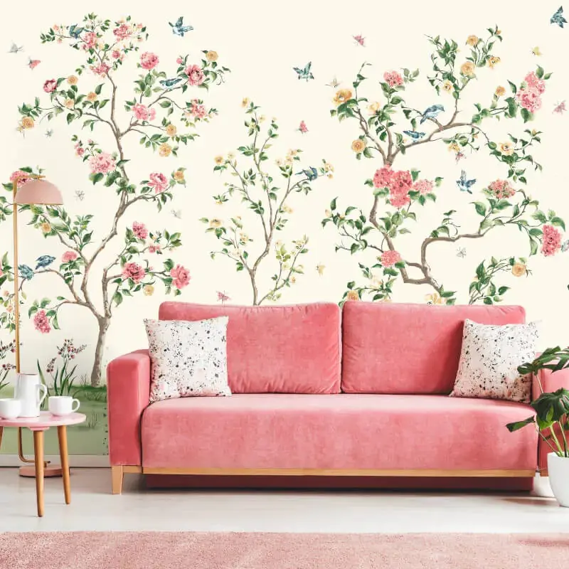 Origin Oriental Flower Tree Wall Mural Cream & Red 1