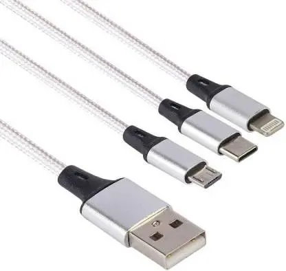 Nylon Braided 3In1 Micro Usb Cable/Type C/Ios Fast Charging Data Cable 3 A 1.2 M Naylon Power Sharing Cable  (Compatible With All Smartphone,Android,Iphone,Ipad,Type C Device, White, One Cable) 1