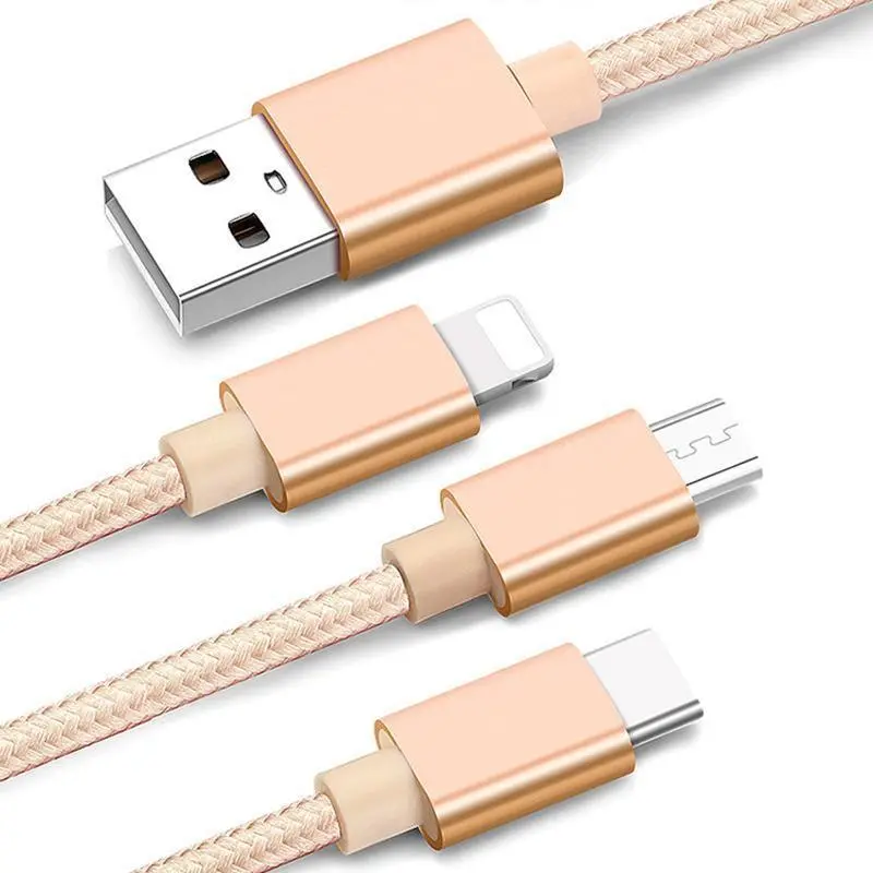 Onlite Premium Quality Nylon Braided 3 In 1 Data Charge & Sync Cable 1M With Lightning, Microusb & Type C Connectors 1