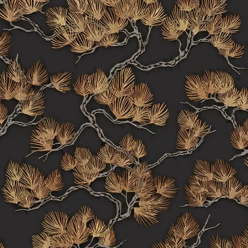 Oriental Pine Tree Metallic Black And Gold Wallpaper Sample 1