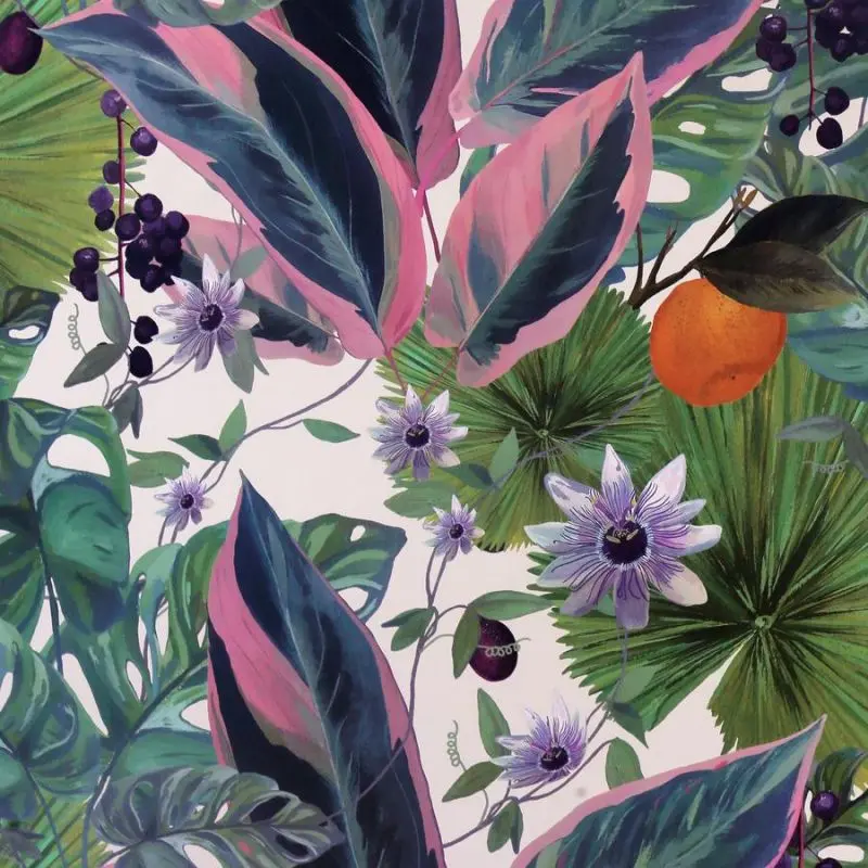 Exotic Passion Flower & Fruit Printed Wallpaper - White 1