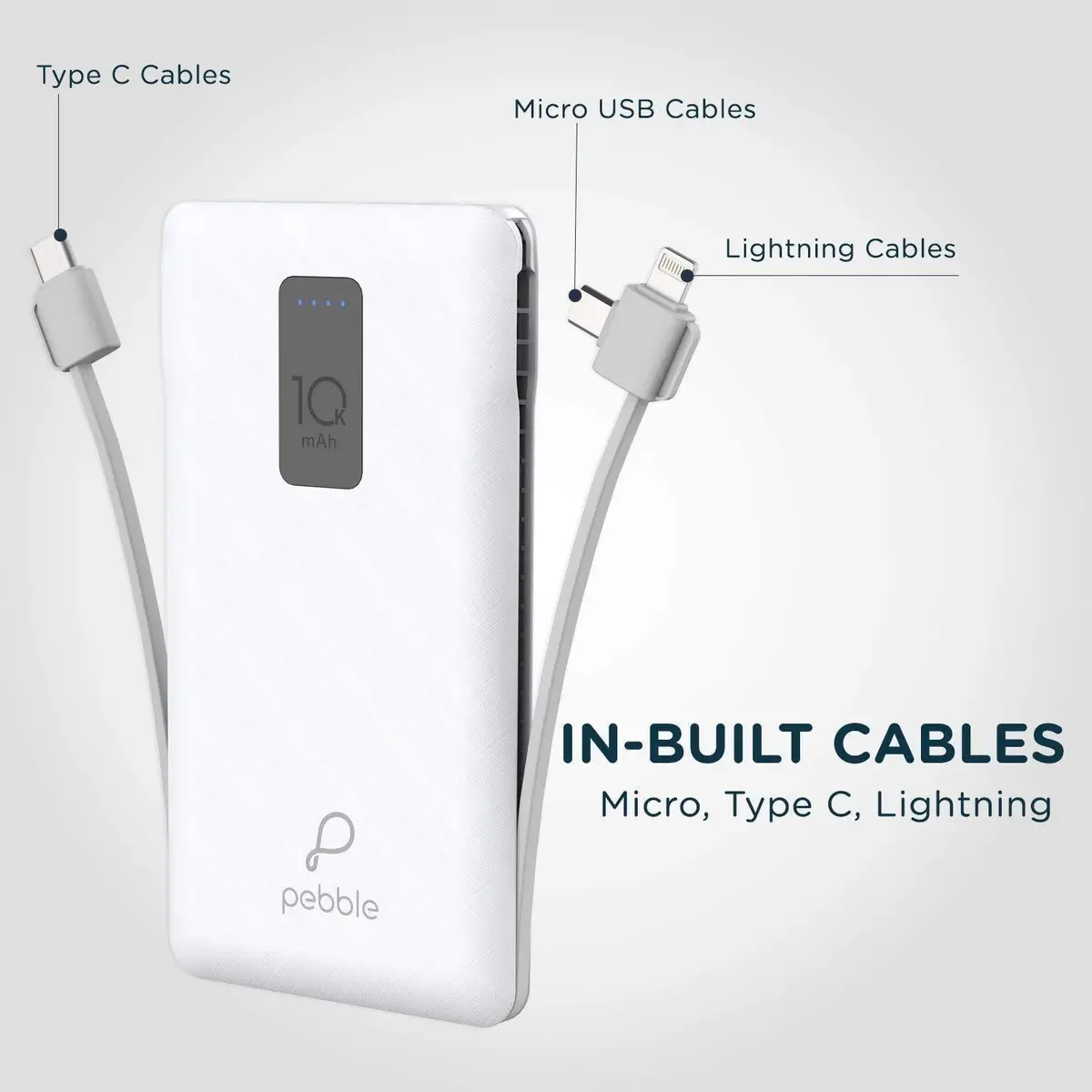 Pebble Ace+ 10000Mah Li-Polymer Power Bank With In-Built Micro, Type-C & Lightning Cables And 12W Fast Charging Pb66(P) 2