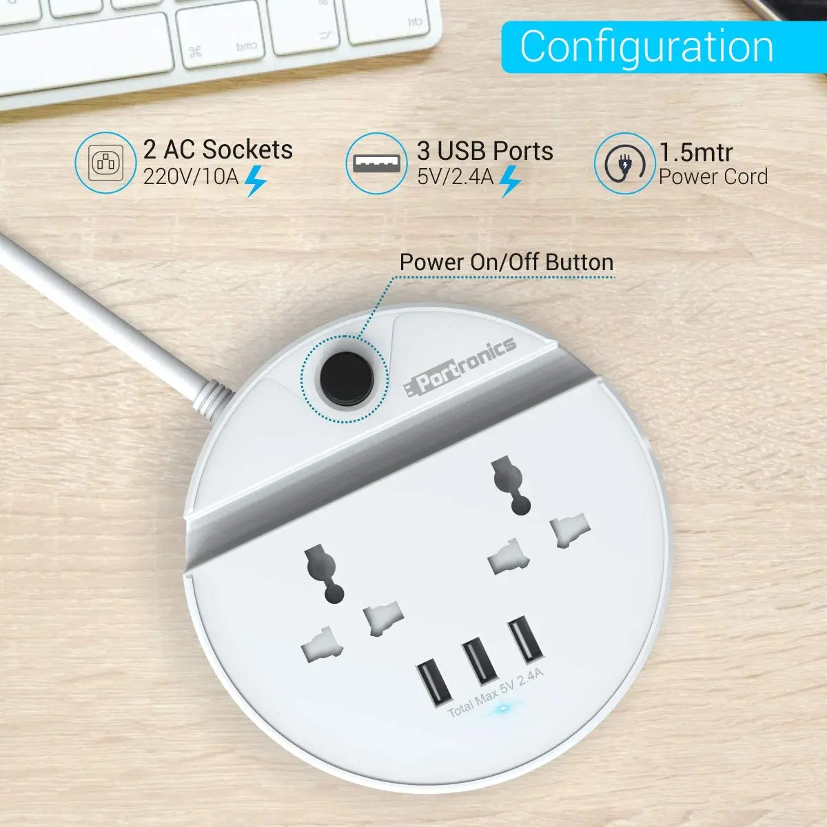 Portronics Power Bun, A Surge Protector With 2 Ac Outlets And 3 Usb Charging Ports Plus A Phone Docking Station, 1.5 Meter Power Cord, Led Indicator, White 2