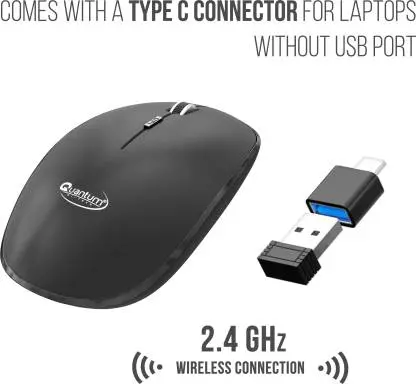 Quantum Qhm260 With Usb Nano Receiver & Usb To Type-C Connector, 1600 Dpi, 2.4 Ghz Wireless Optical Mouse  (2.4Ghz Wireless, Black) 1