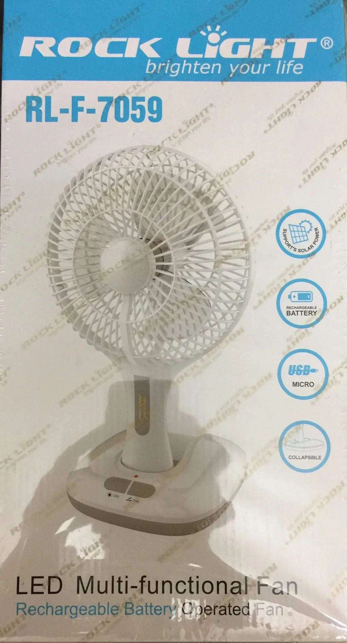 Rock Light 7059 Rechargeable Led Multi Functional Ac/Dc Table Fan With In-Built 4000Mah Power Bank Solar Panel Supported Fan 1