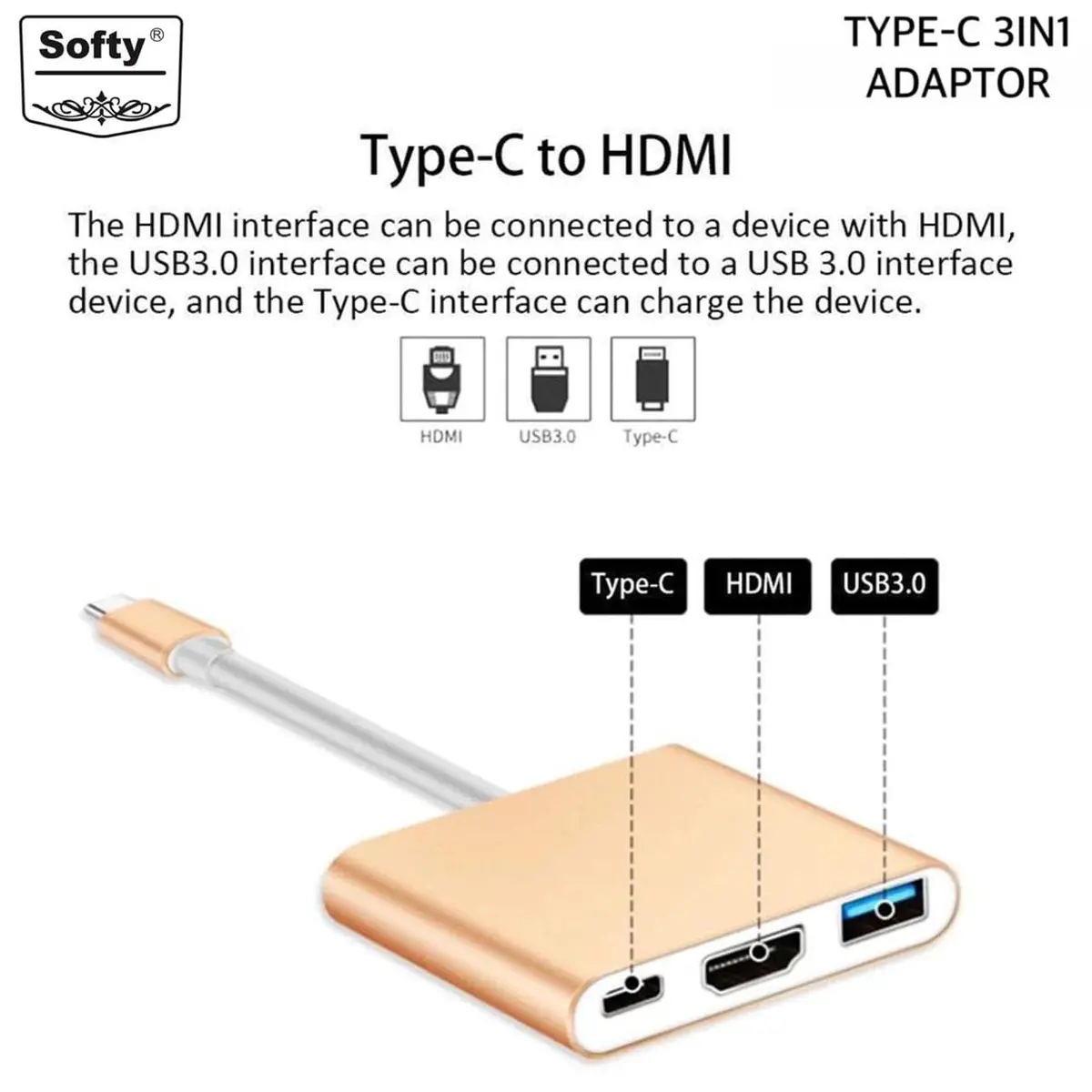 Softy Premium Quality Type-C 3In1 Hub ( Hdmi, Usb, Type-C ) 1
