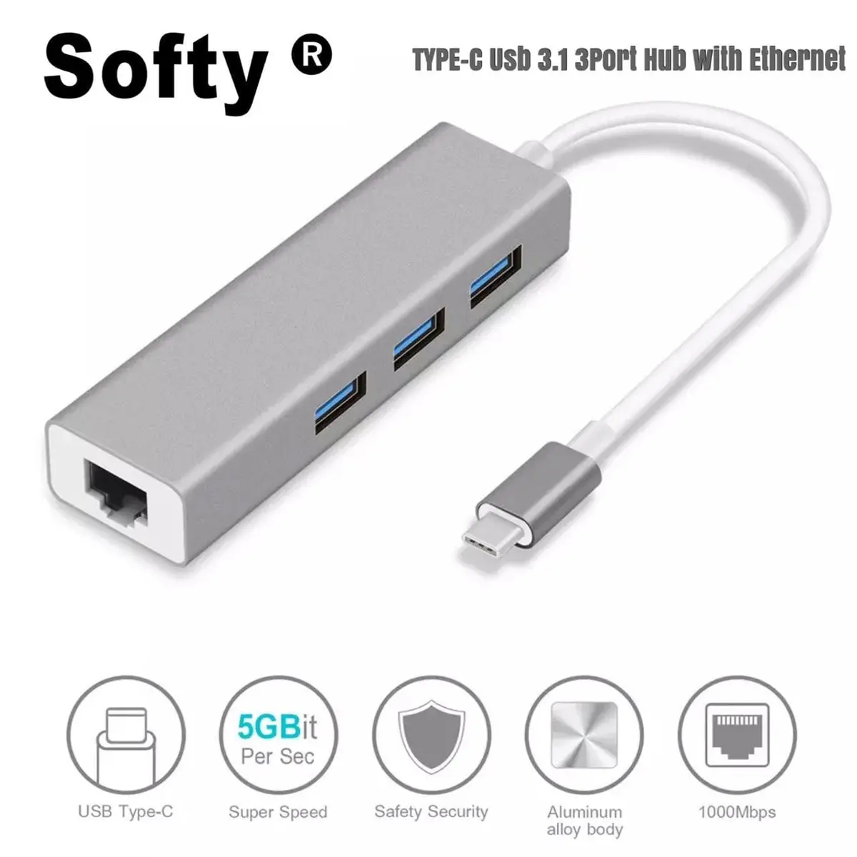 Softy Premium Quality Type-C  4In1 Hub ( Rj45 Enthernet , 3Usb Port ) 1