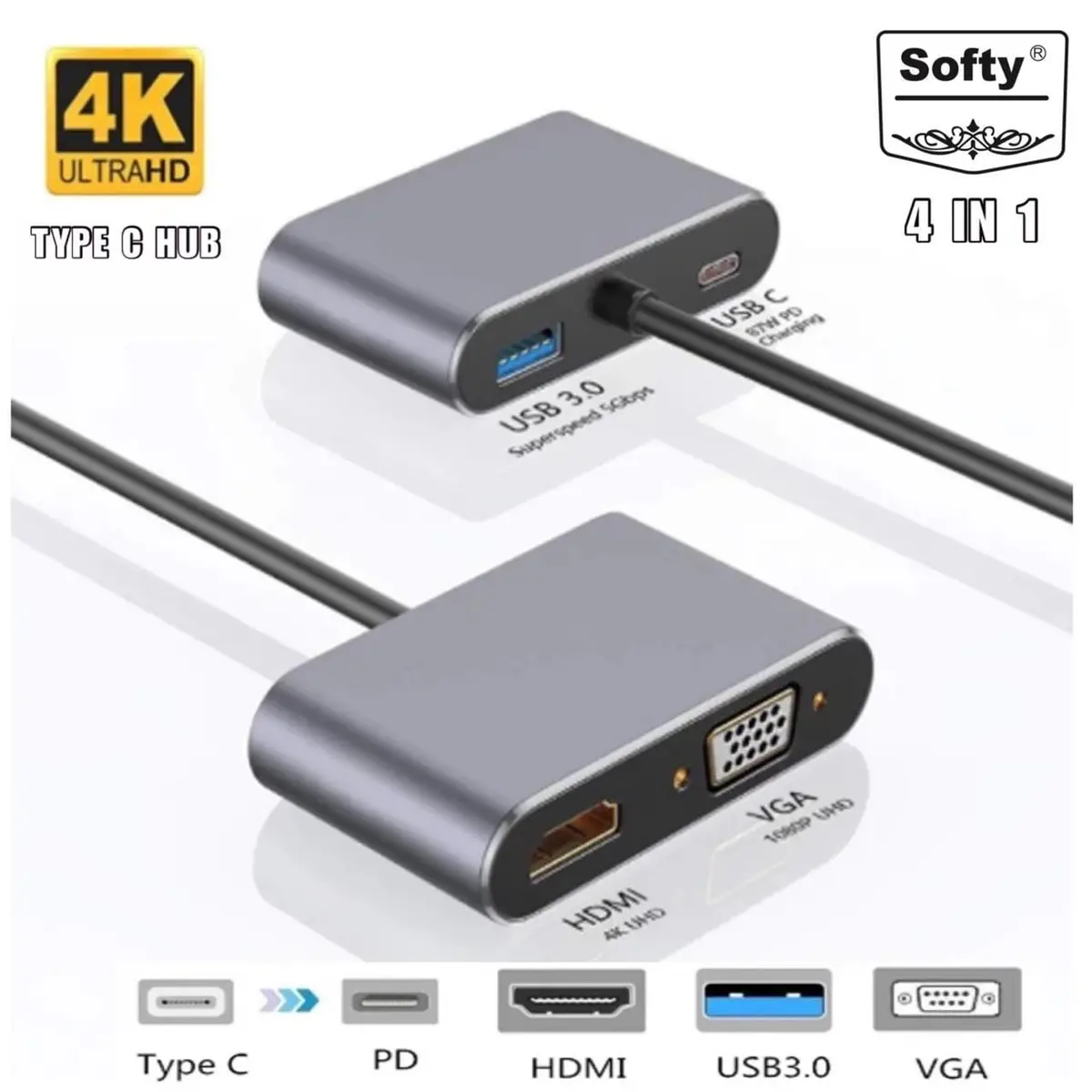 Softy Premium Quality  Type-C  4In1 Hub ( Vga Hdmi, Usb, Type-C ) 1