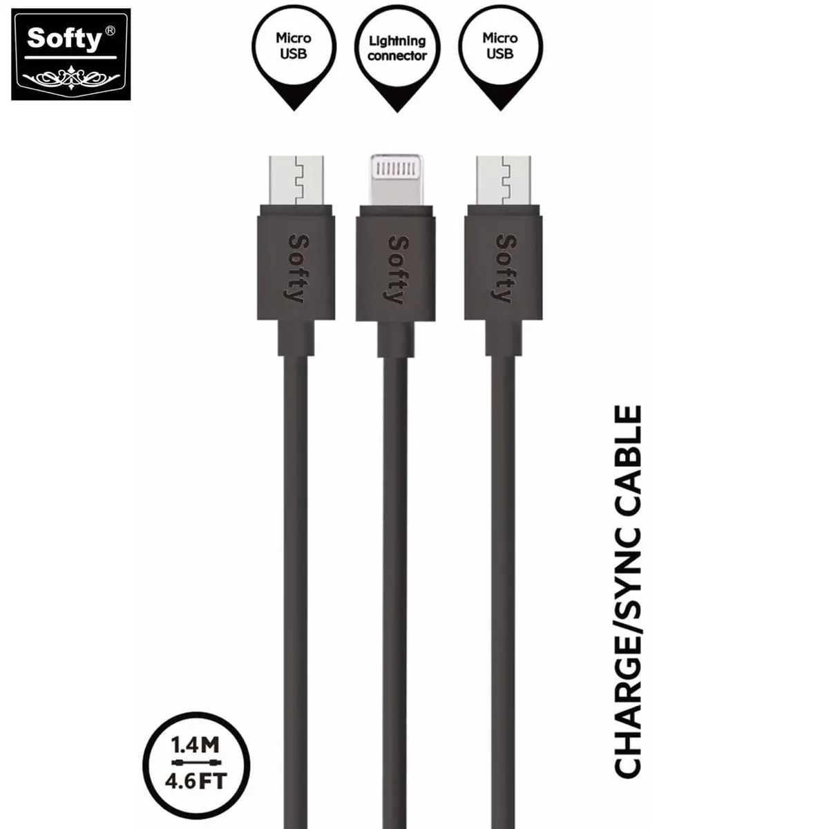 Softy Premium Quality  3 In 1 Usb Cable (2Micro,& 1 Lightening) 1.4 M 1