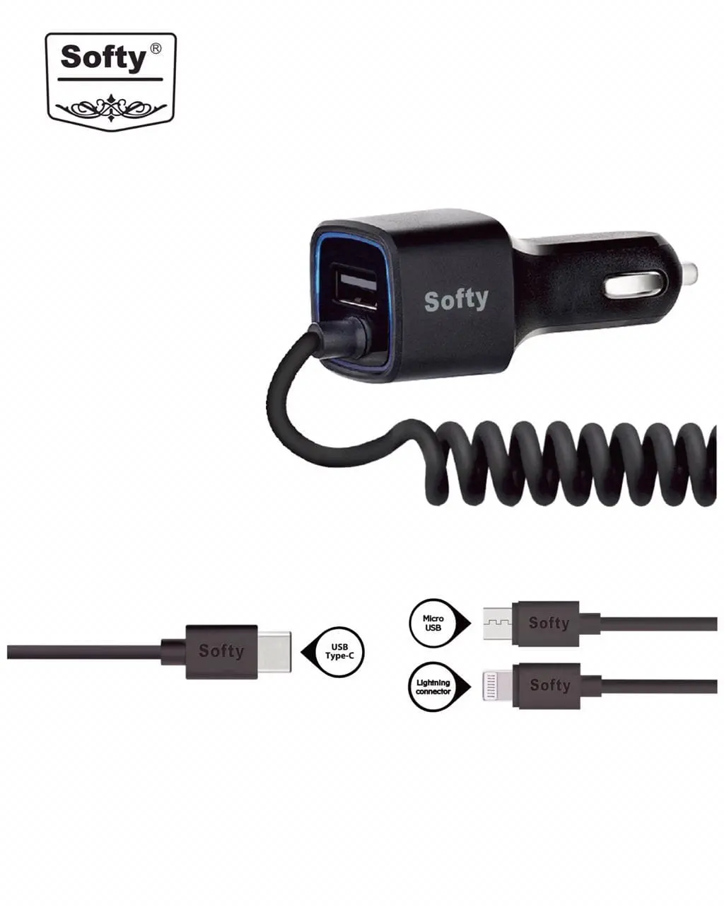 Softy Premium Quality  3In1 Car Charger With Wire 3.1-Amp 1