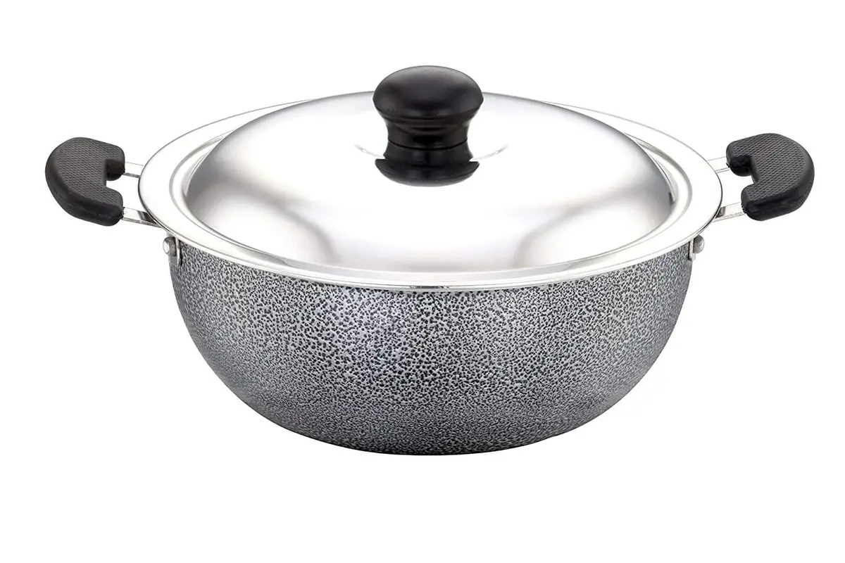 Sowbaghya Aluminium Non Stick Deep Kadai With Stainless Steel Lid (2 L, Grey And Black) 1