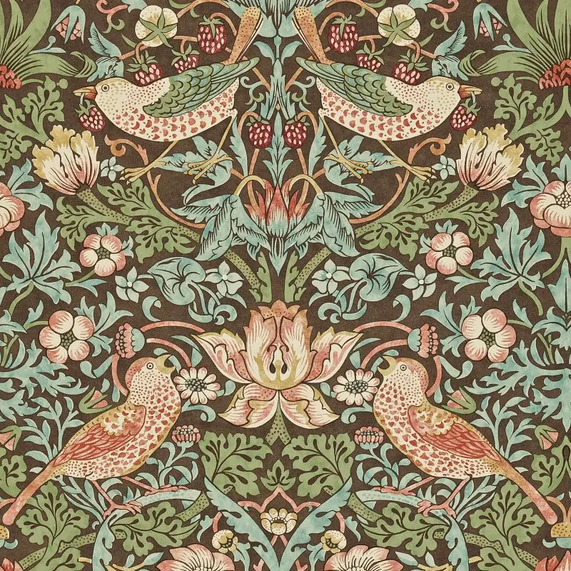 Morris & Co Strawberry Thief Wallpaper - Chocolate/Slate Sample 1