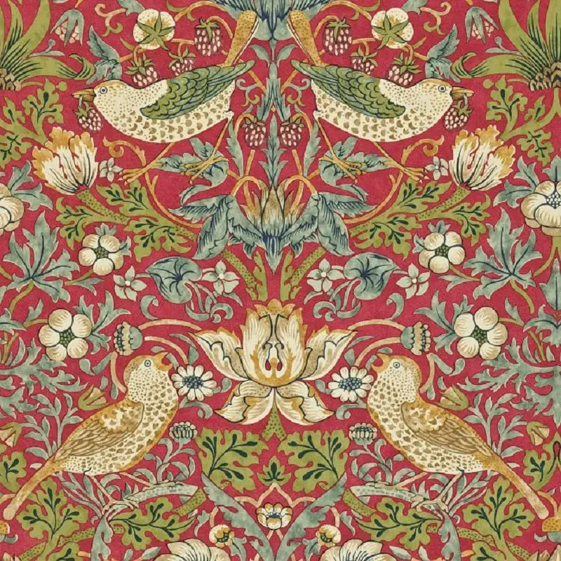 Morris & Co Strawberry Thief Wallpaper - Crimson/Slate Sample 1