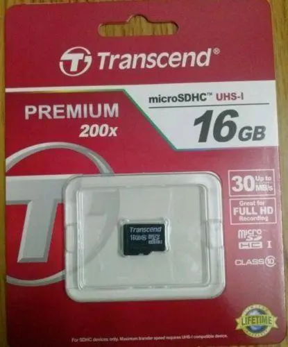 Transcend 16Gb Micro Sd Memory Card Class 10 Premium 200X 30Mbps Speed 1
