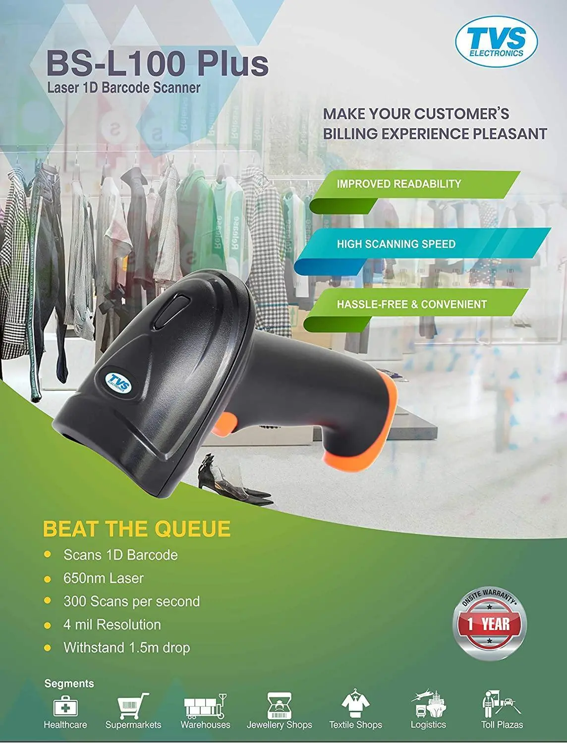 Tvs Barcode Scanner Bs-L100 Plus 1