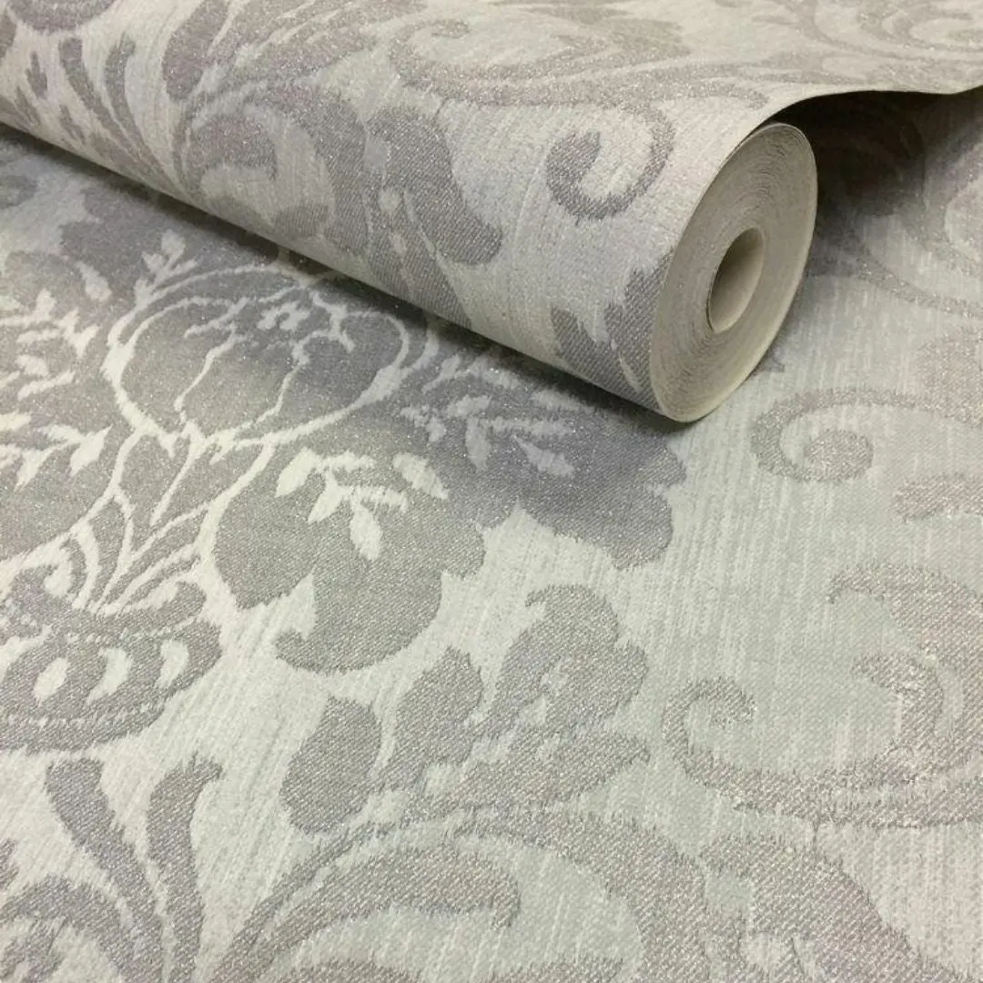 Fabric Damask Glitter Wallpaper Silver 1