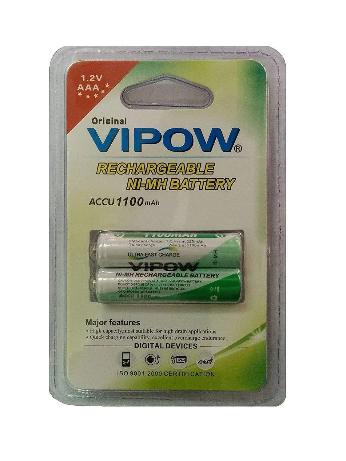 Vipow 1.2V Ni-Mh Aaa 1100Mah Rechargeable Battery 1 Pack (2-Pieces) 1